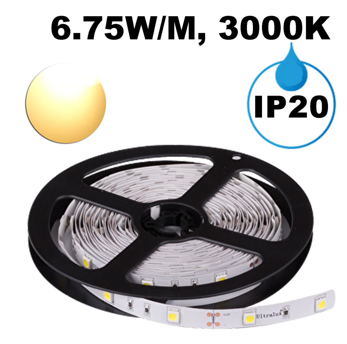 LED ЛЕНТА, 6.75W/M, 3000K, 12V DC, SMD5050, 30 LEDS/M, IP20
