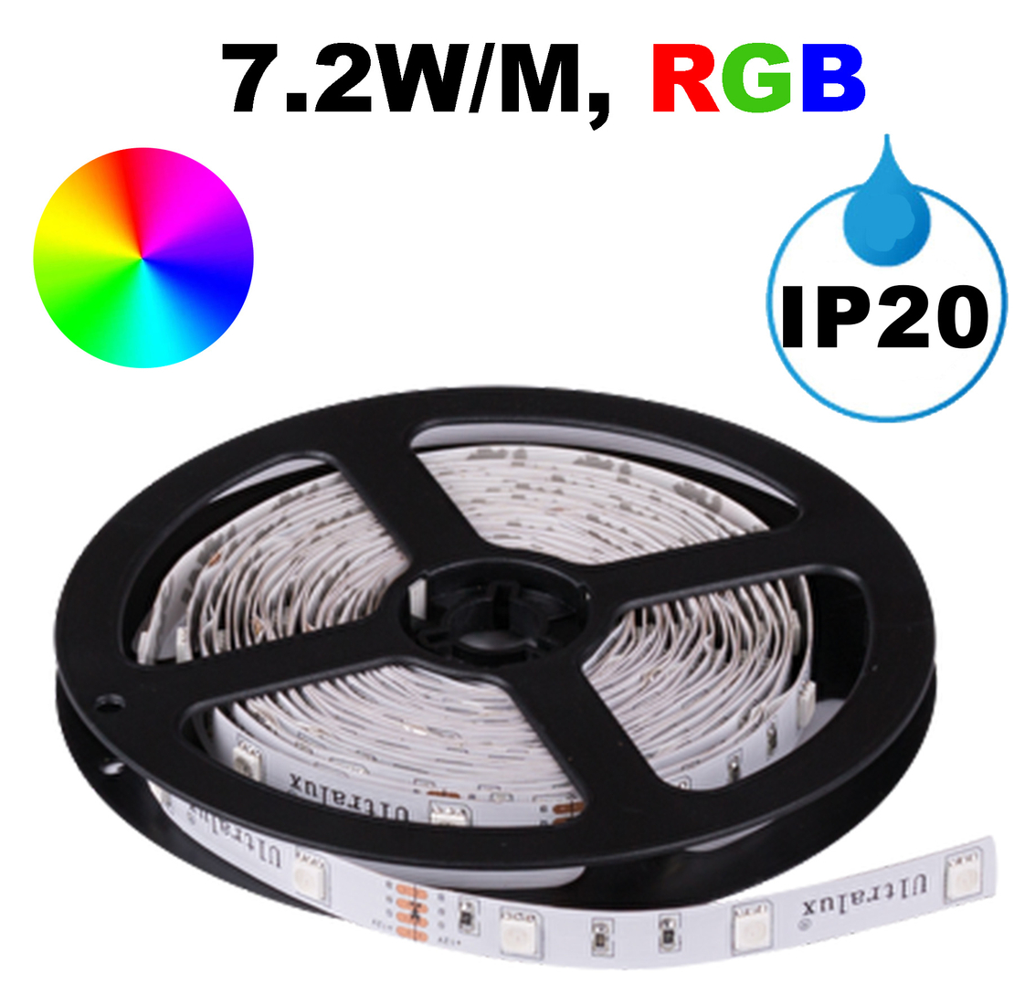LED лента 7.2W/m, RGB, 5м, 12V DC, Неводоустойчива, 30 LEDs/m, 120°, SMD 5050