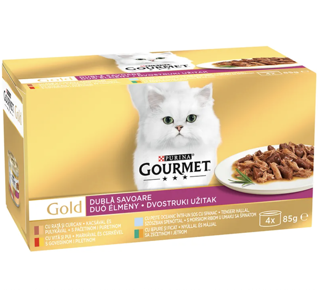 PURINA® GOURMET® Gold за котки в зряла възраст, Двойно удоволствие, Асортимент, Мокра храна, Картонена кутия, 4х85 гр