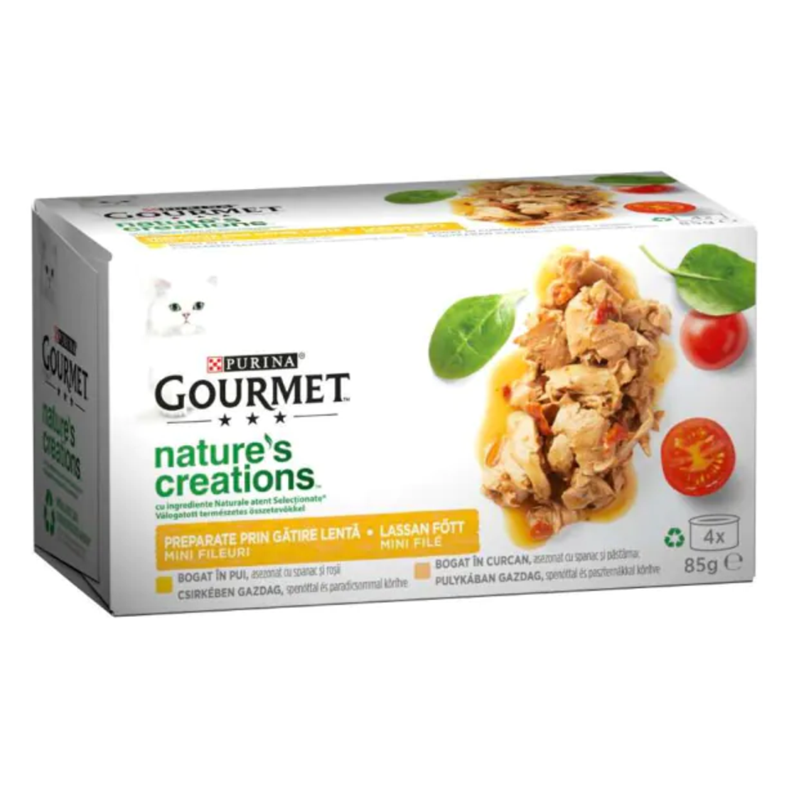 PURINA® GOURMET® Nature's Creations за котки в зряла възраст, Пиле със спанак и домати, Мокра храна, Картонена кутия, 4x85 гр