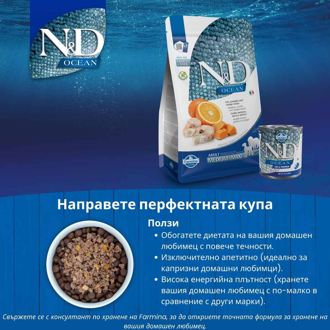 N&D Ocean Codfish, Pumpkin & Orange Adult Medium & Maxi – суха храна без зърнени култури за кучета над 1 година от седни и едри породи, с риба треска, тиква и портокал