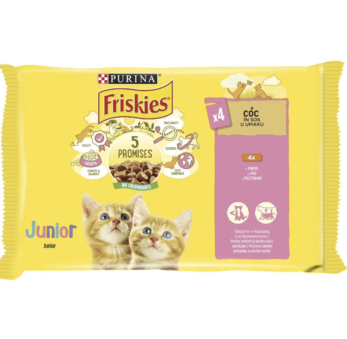 PURINA®FRISKIES® за малки котенца, Хапки в сос, Пиле, Мокра храна, Пауч, Мулти опаковка 4х85 гр