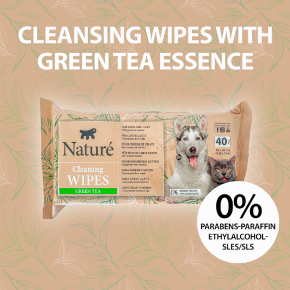 Мокри кърпички със зелен чай за кучета и котки Ferplast Naturé - 40 бр.