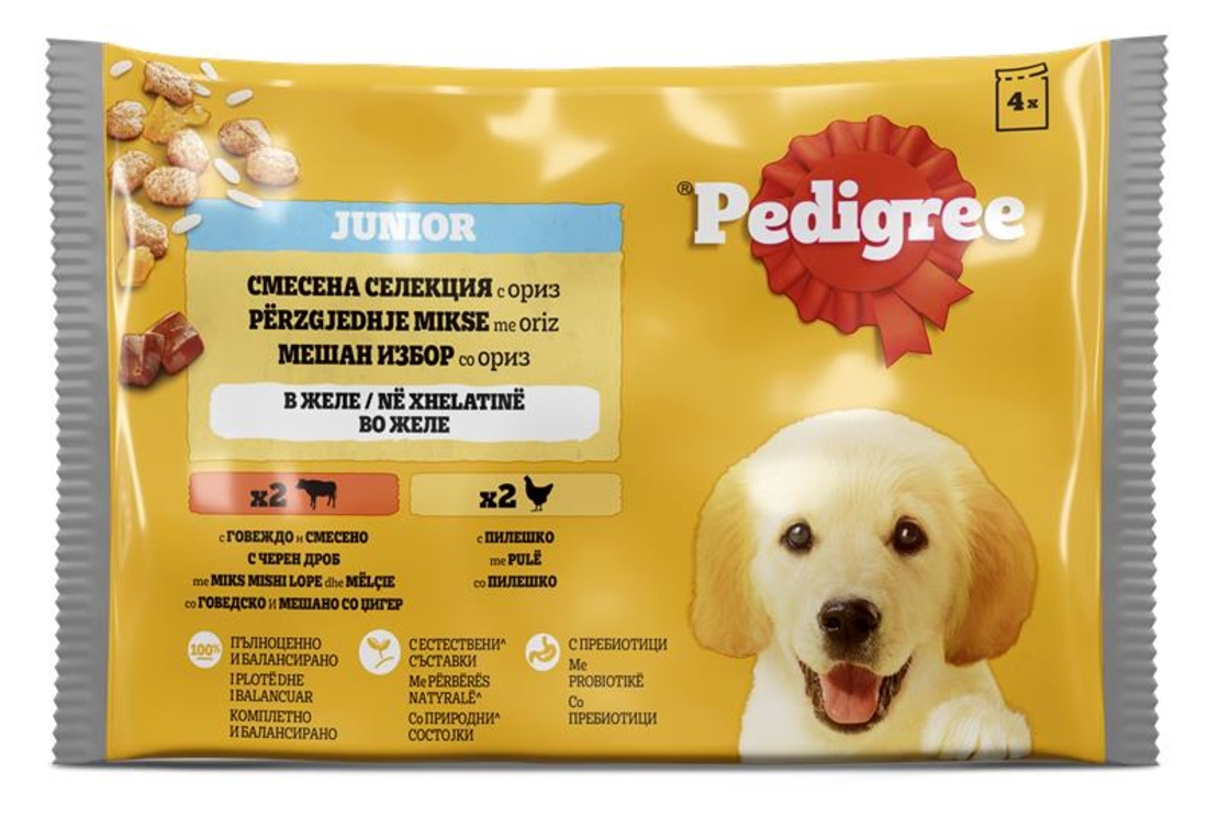 Пауч за кучета PEDIGREE Junior - с пилешко, говеждо и ориз 4 бр./100 гр
