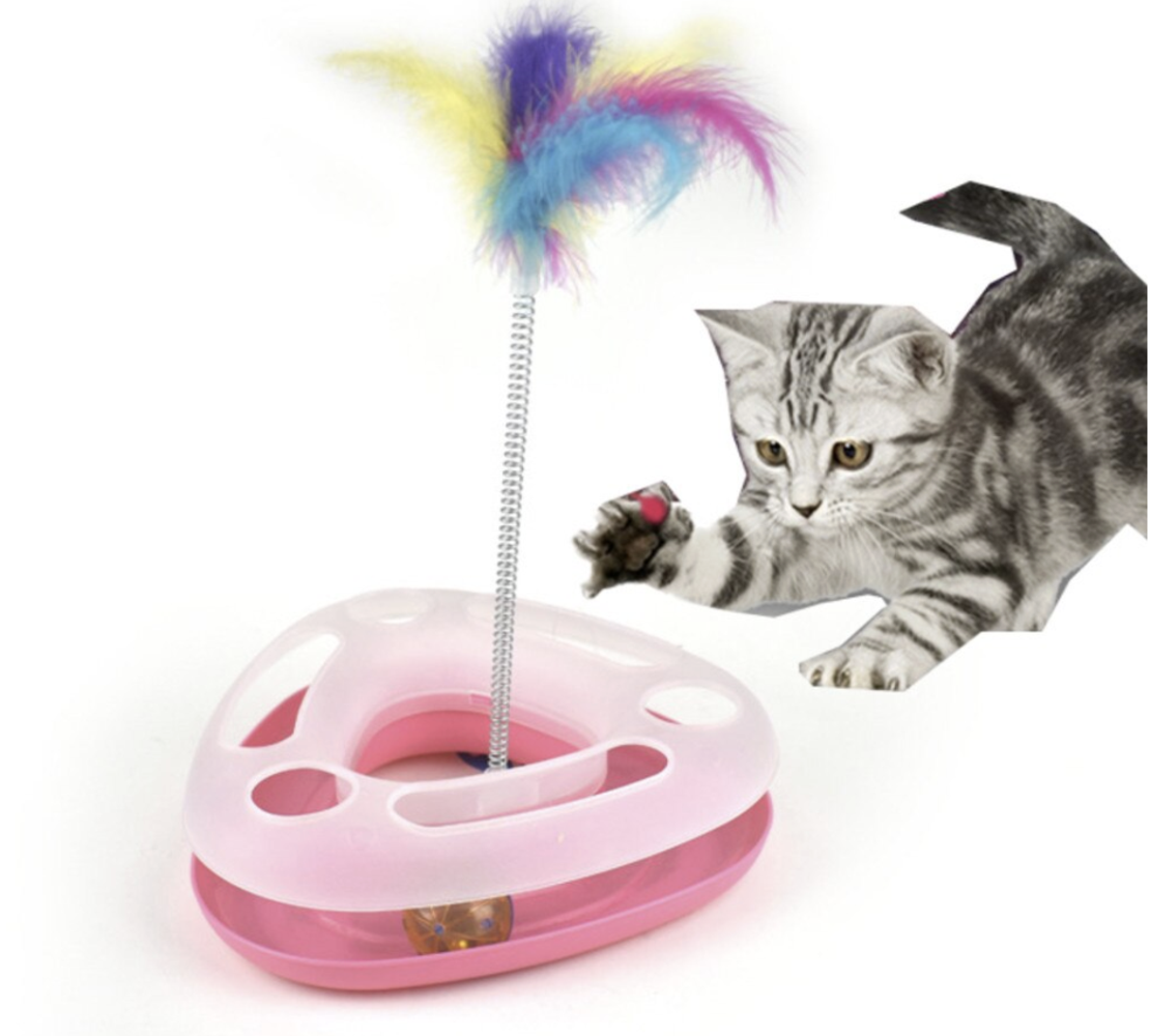 Интерактивна играчка за котки във формата на триъгълник, с топчета и пера, розова