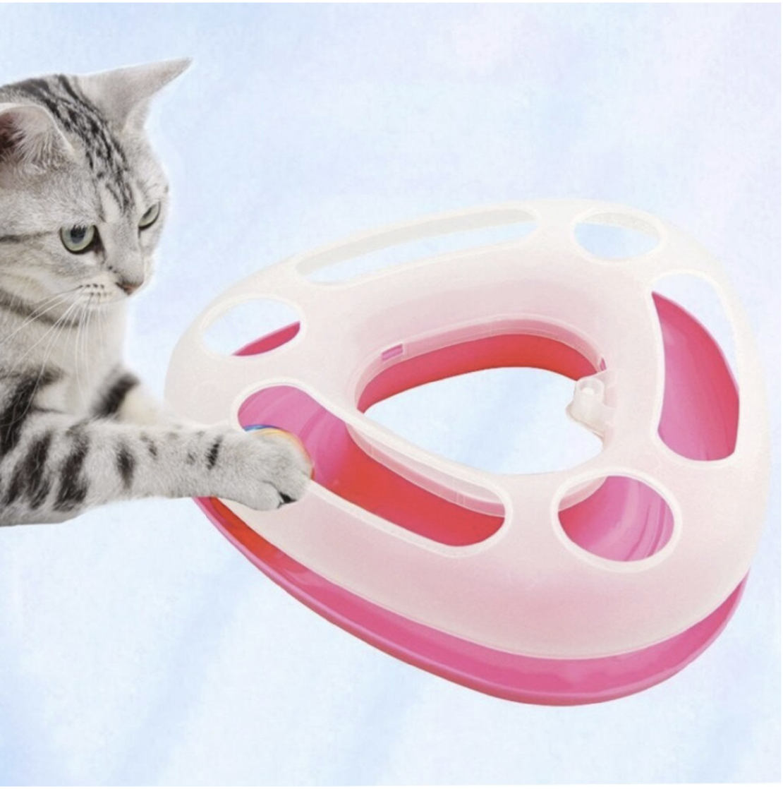 Интерактивна играчка за котки във формата на триъгълник, с топчета и пера, розова