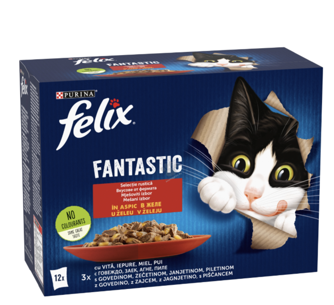 PURINA® FELIX® Fantastic за котки в зряла възраст, Вкусове от фермата, Пауч, Мултиопаковка 12х85 гр
