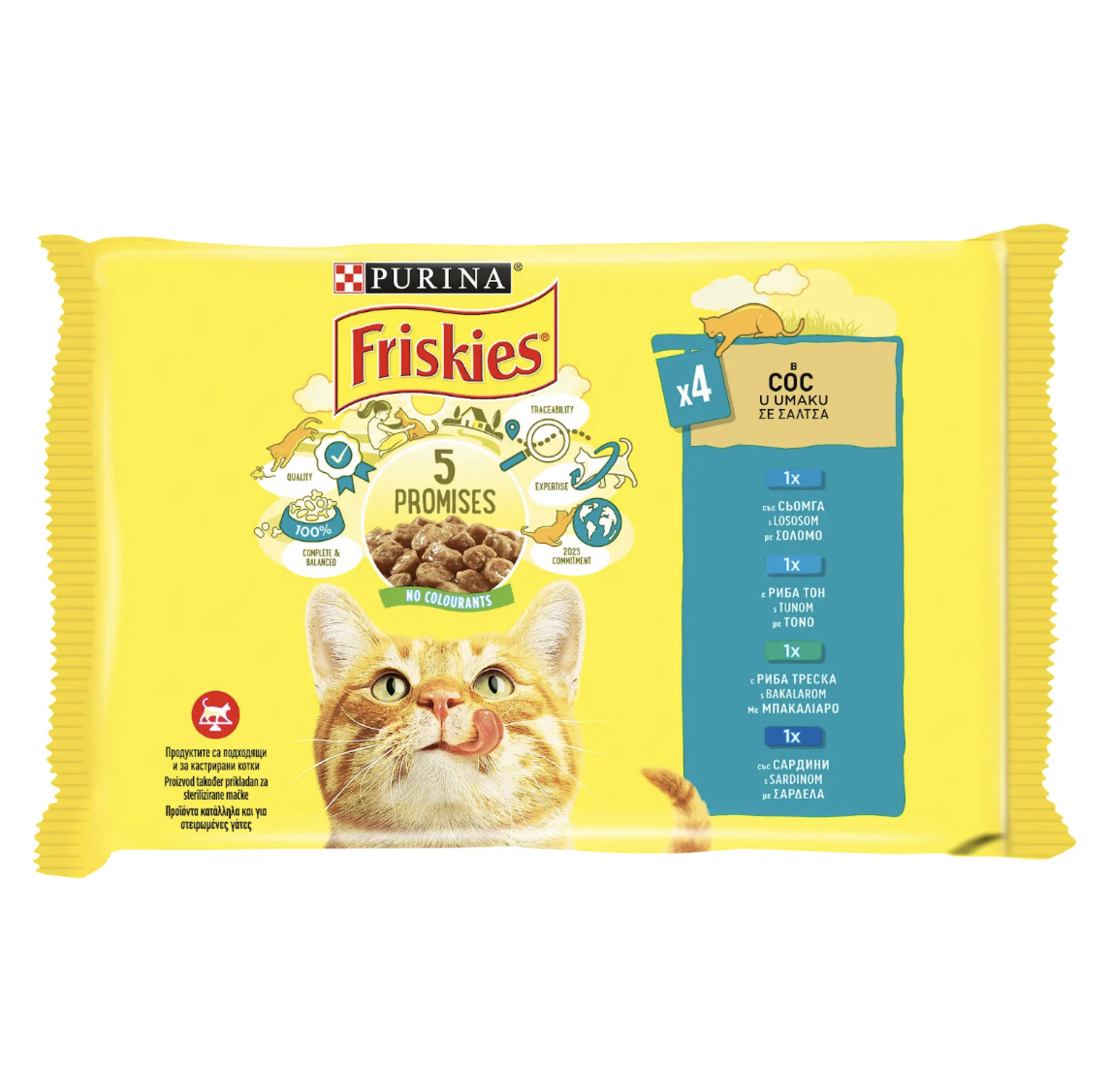 PURINA®FRISKIES® за котки в зряла възраст, Хапки в сос, Сьомга/ Риба тон/Риба Треска/ Сардина, Мокра храна, Пауч, Мулти опаковка 4х85 гр