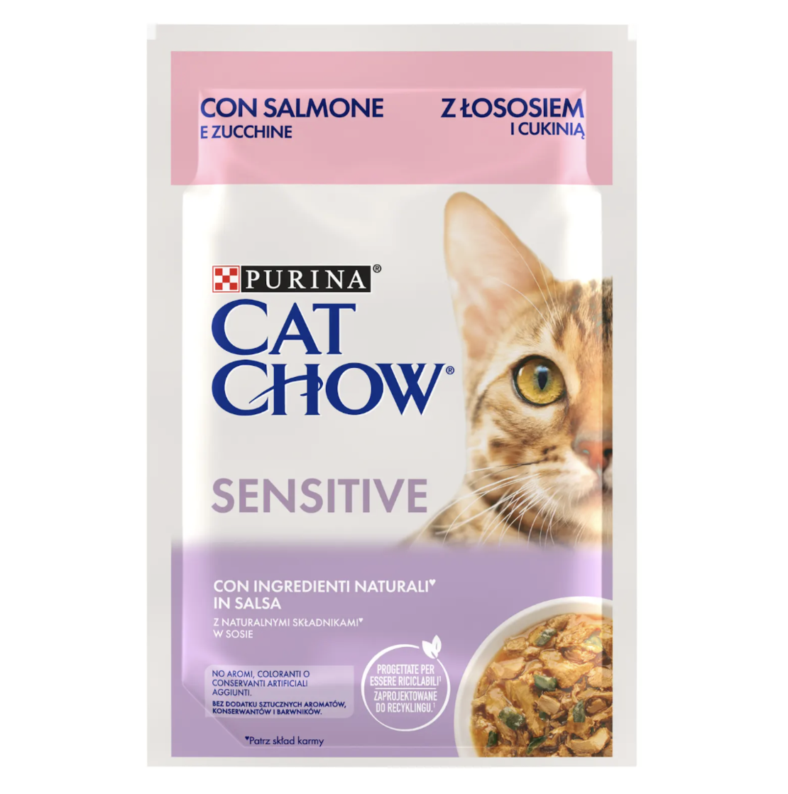 PURINA® CAT CHOW®  SENSITIVE, за котки с чувствителен стомах над 1 година със Сьомга и Тиква, Мокра храна,  Пауч в сос, 85 гр