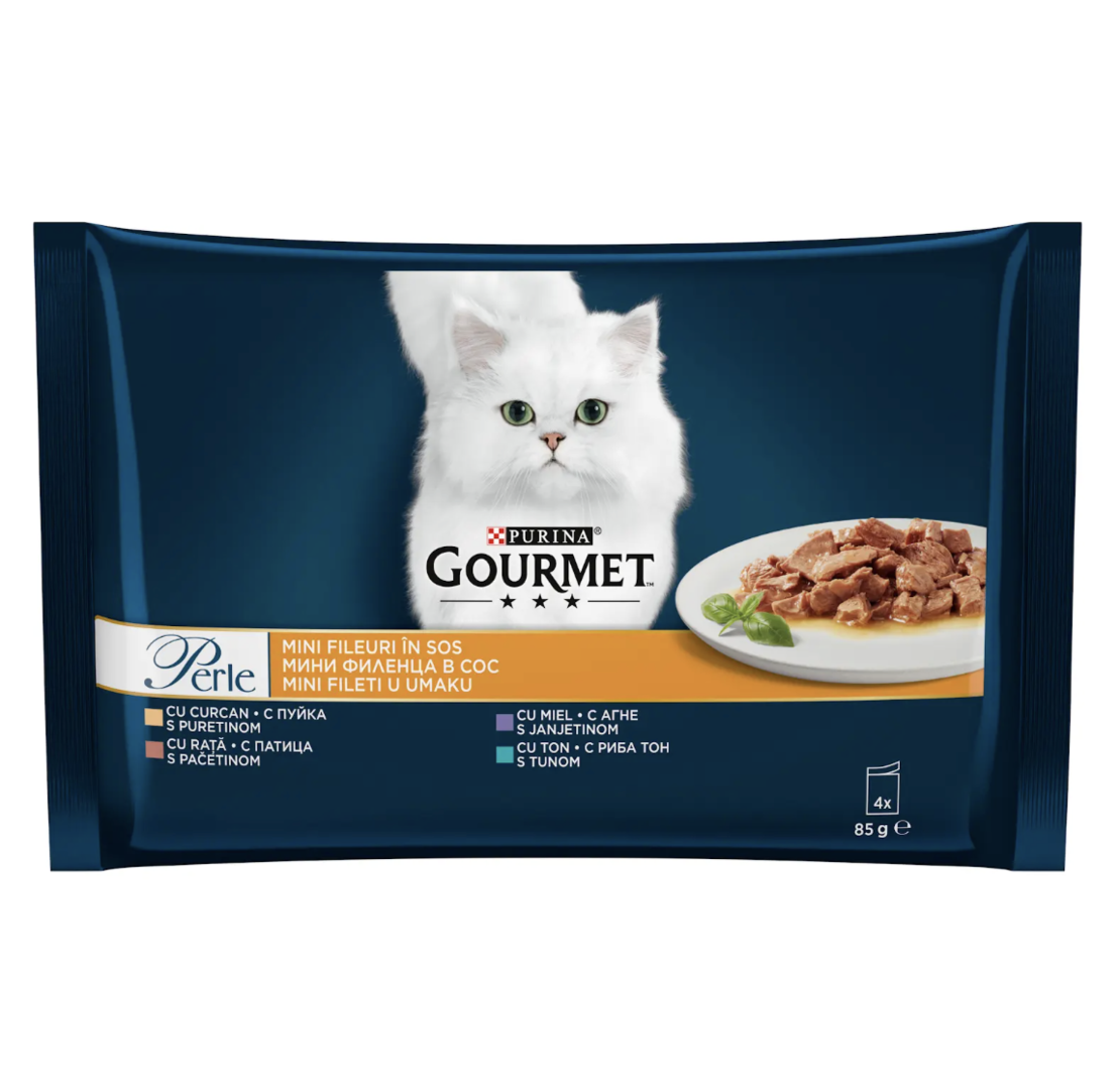 PURINA® GOURMET® Perle за котки в зряла възраст,Печено месо в сос, Асортимент с патица, агне, пуйка и и риба тон, Мокра храна, Картонена кутия, 4х85 гр