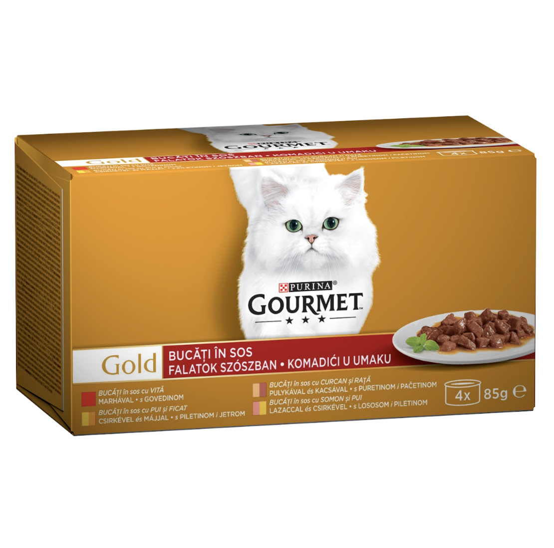 PURINA® GOURMET® Gold за котки в зряла възраст, Хапки в сос, Асортимент, Мокра храна, Картонена кутия, 4х85 гр