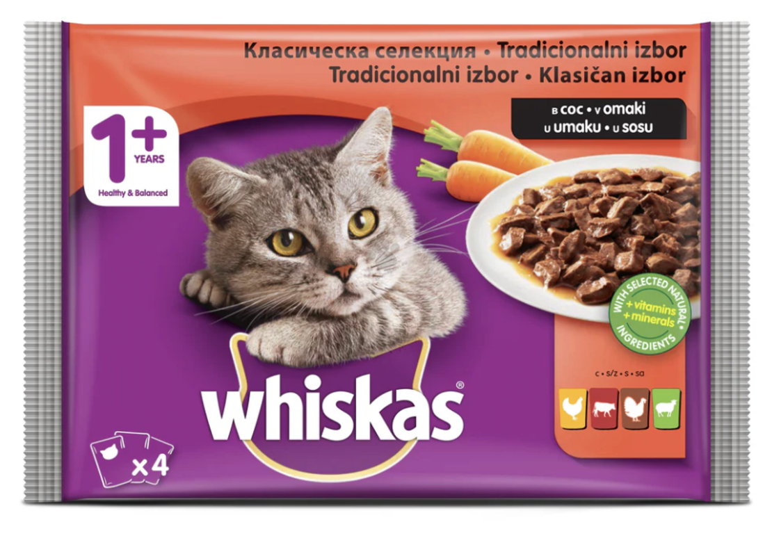 Whiskas Pouch Meat Mix - месни ястия в сос грейви - 4х85 гр
