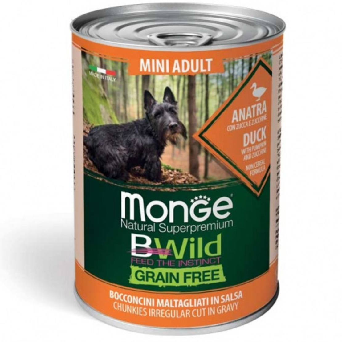 Monge BWILD Grain Free – Duck with Pumpkin and Zucchini – Mini Adult, патешко, тиква и тиквички