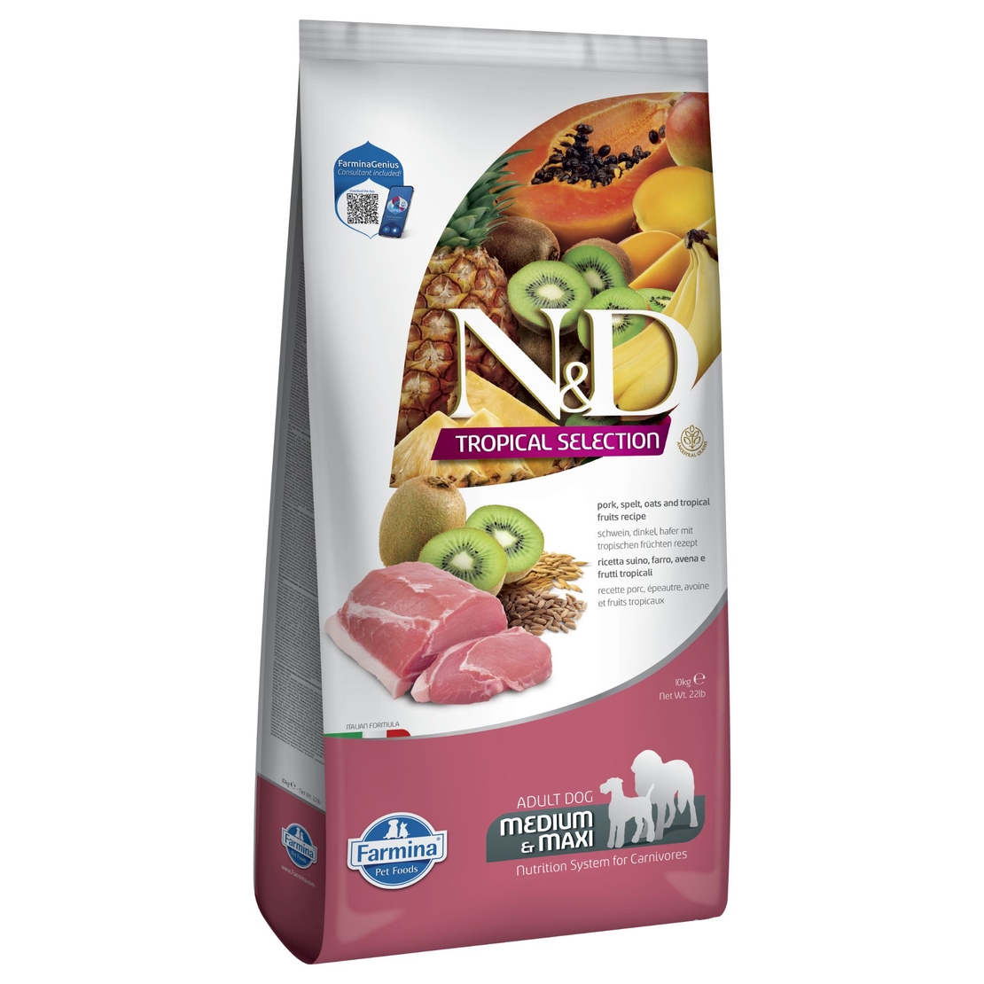 N&D Tropical Selection Dog Adult Medium & Maxi Pork and Tropical fruits – суха храна за кучета над 1 година от средни и едри породи, със свинско, спелта, овес и тропически плодове