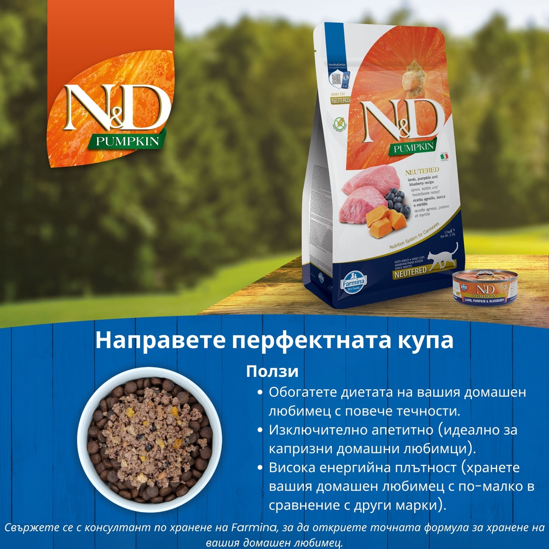 N&D Cat Pumpkin Lamb & Blueberry – пълноценна мокра храна без зърнени култури за котки над 1 година с агнешко, тиква и боровинки, консерва