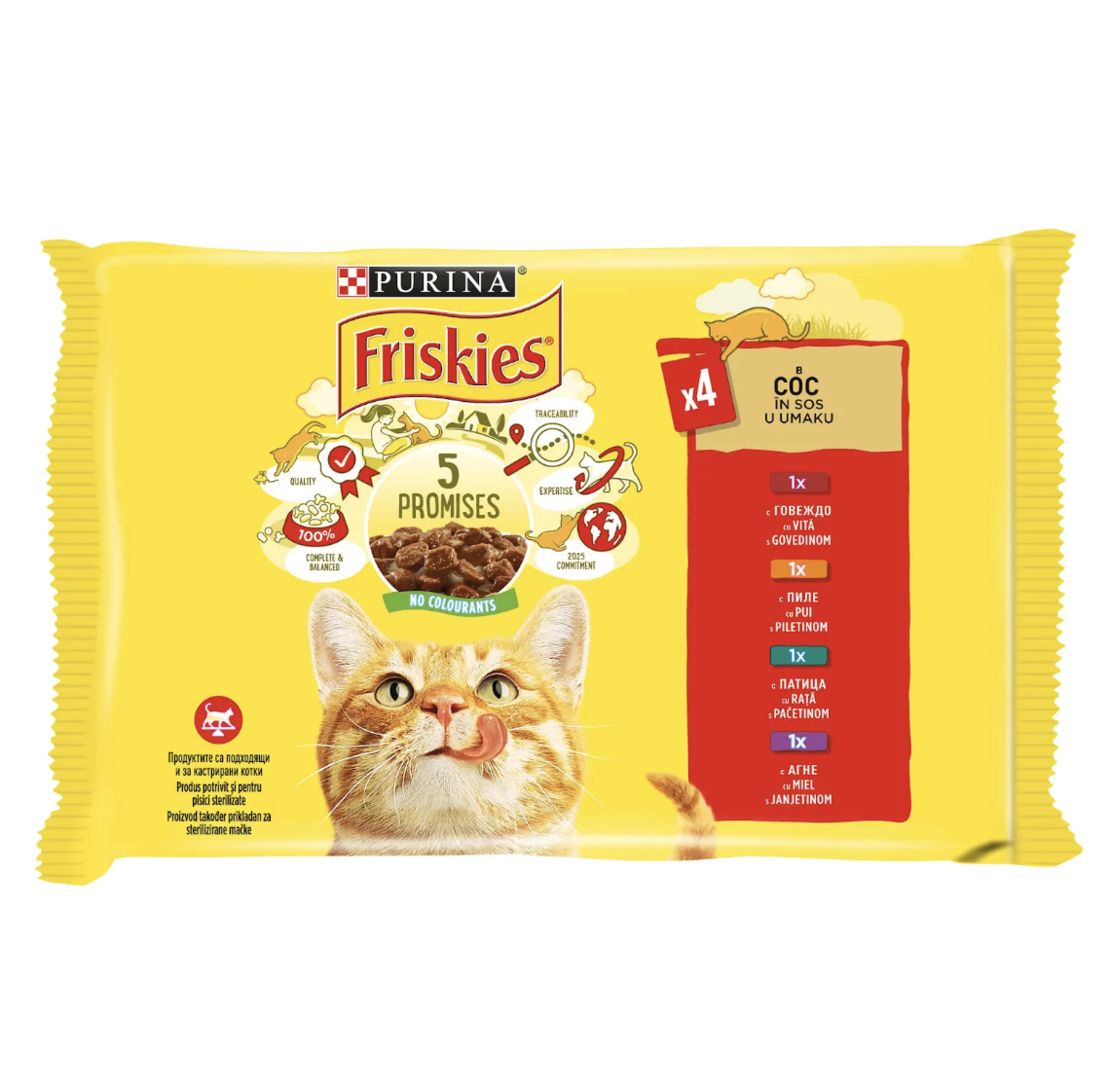 PURINA®FRISKIES® за котки в зряла възраст,Хапки в сос, Говеждо/Пиле/Патица/Агнешко,  Мокра храна, Пауч, Мулти опаковка 4х85 гр