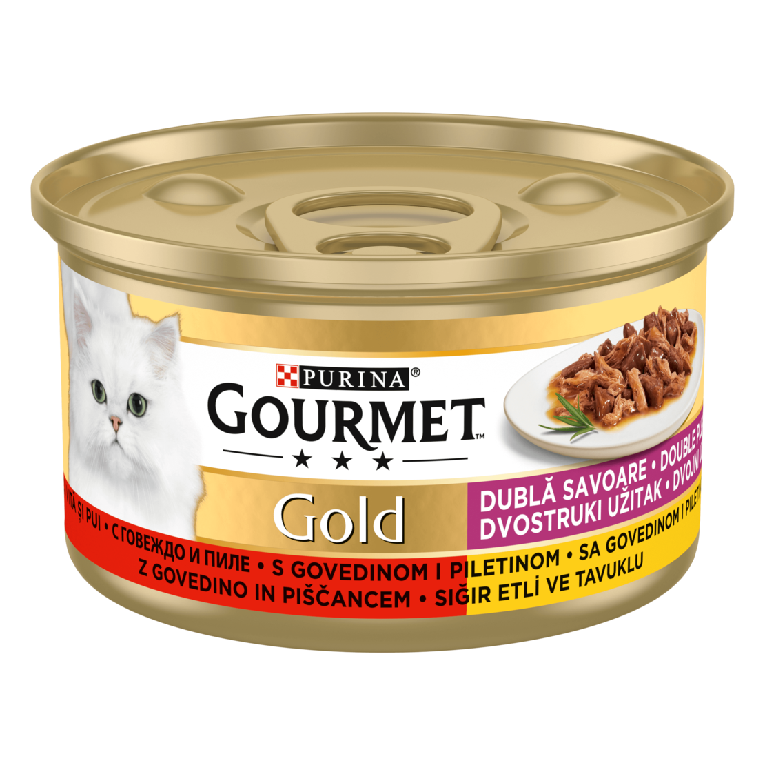 PURINA® GOURMET® Gold  за Котки в зряла възраст, Двойно удоволствие, Говеждо и Пиле, Мокра храна, Консерва, 85 гр