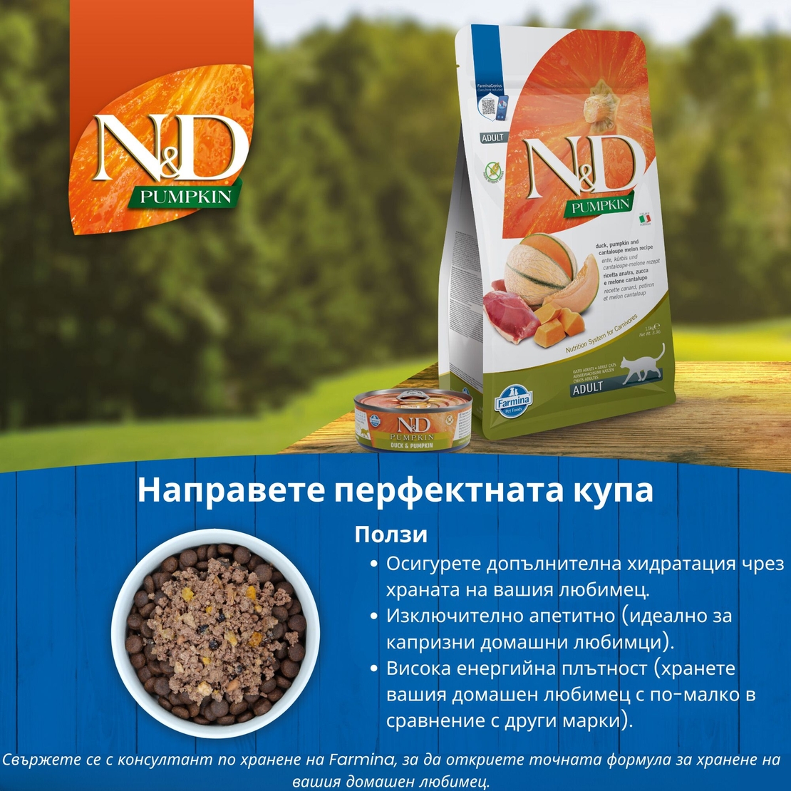 N&D Adult Cat Pumpkin Duck & Cantaloupe – суха храна за котки без зърнени култури, с патешко, тиква и пъпеш