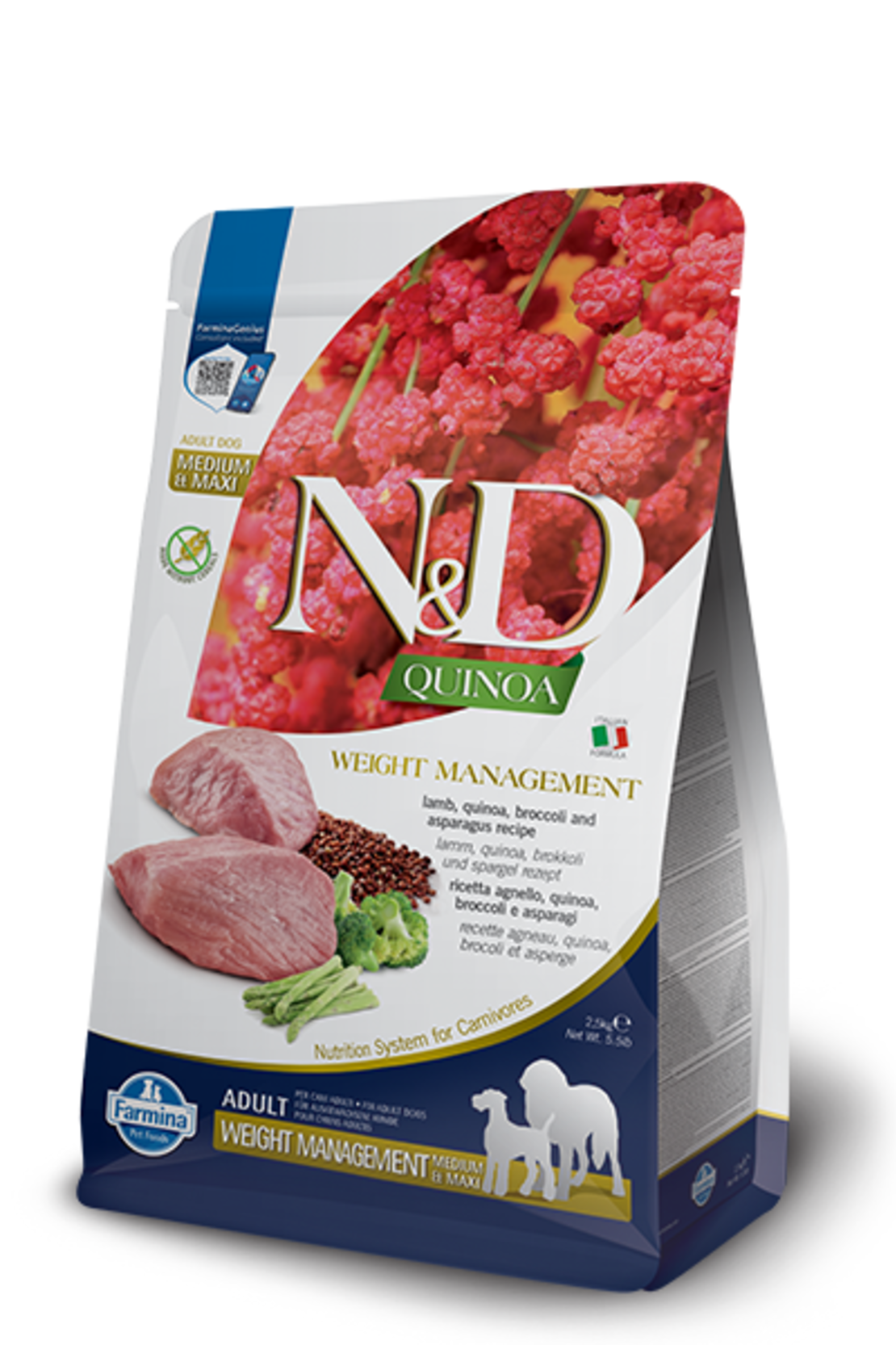 N&D Quinoa Weight Management with Lamb for adult MEDIUM & MAXI dog – суха храна за поддържане на идеално телесно тегло, без зърнени култури за кучета от средни и едри породи над 1 година, с агнешко, киноа, броколи и аспержи
