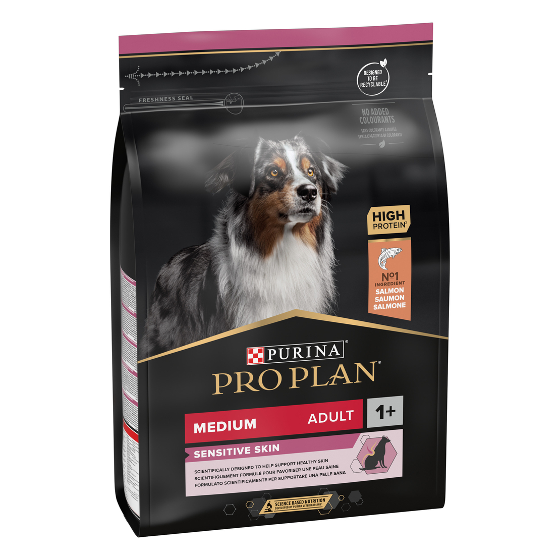 PURINA® PRO PLAN® Medium Adult Sensitive Skin за кучета в зряла възраст от средни породи с чувствителна кожа, суха храна, с високо съдържание на сьомга