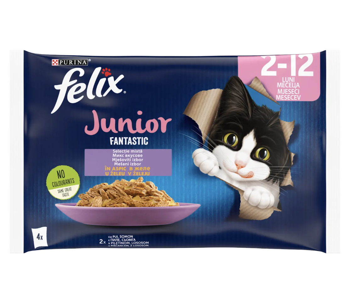 PURINA® FELIX® Fantastic JUNIOR за малки котенца, Микс от вкусове в желе, с Пиле, Пауч, Мултиопаковка 4х85 гр