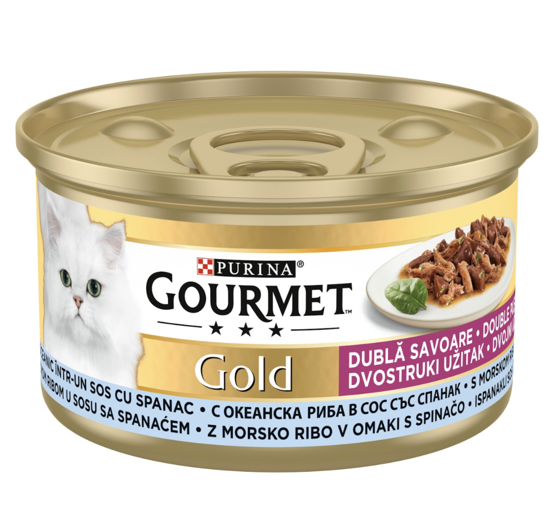 PURINA® GOURMET®Gold Котки в зряла възраст, Двойно удоволствие, Океанска Риба и Спанак, Мокра храна, Консерва, 85 гр