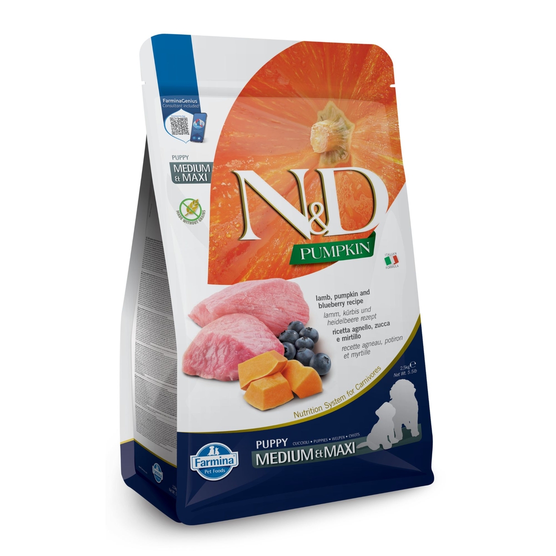 N&D Pumpkin Lamb & Blueberry Puppy Medium&Maxi – суха храна без зърнени култури за подрастващи кученца от средни и едри породи с агнешко, тиква и боровинки