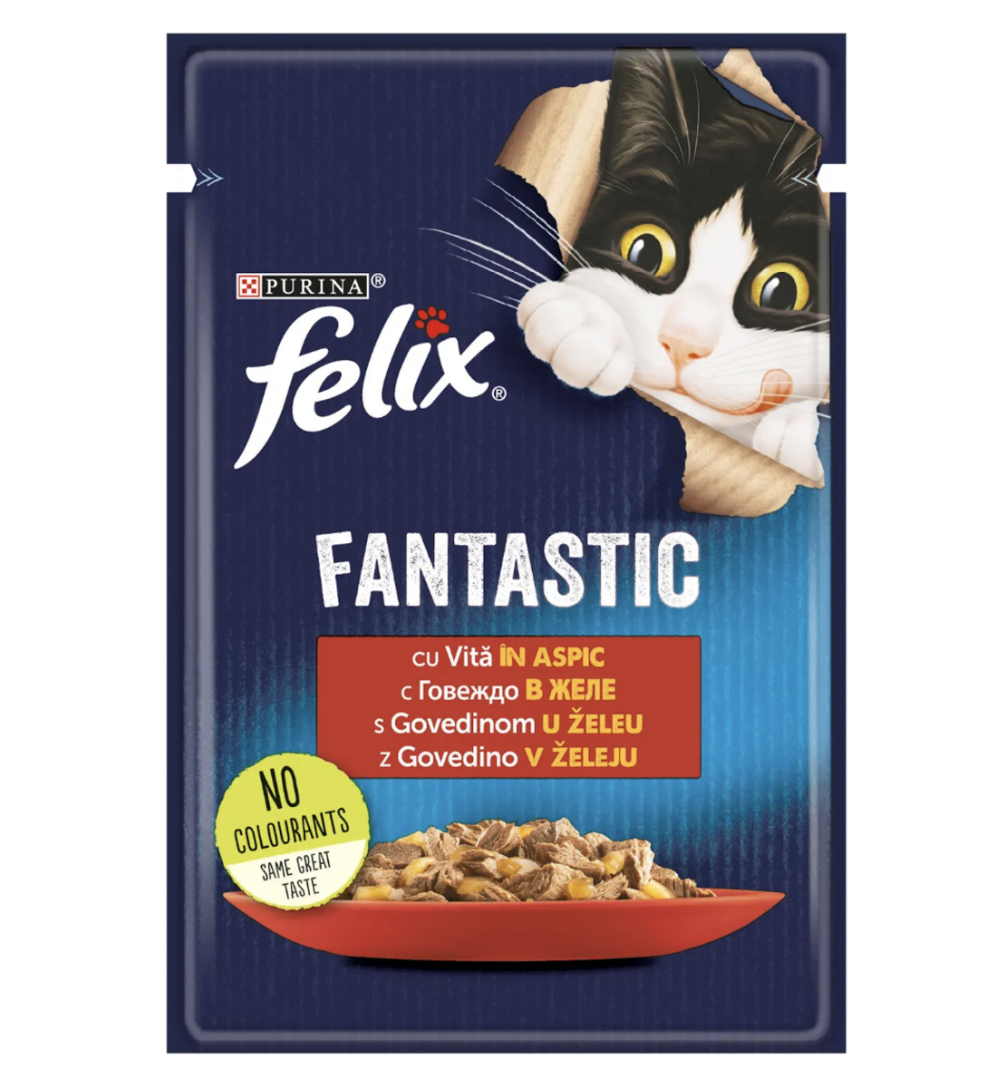 PURINA® FELIX® Fantastic за котки в зряла възраст, с Говеждо в желе, Мокра храна, Пауч, 85 гр