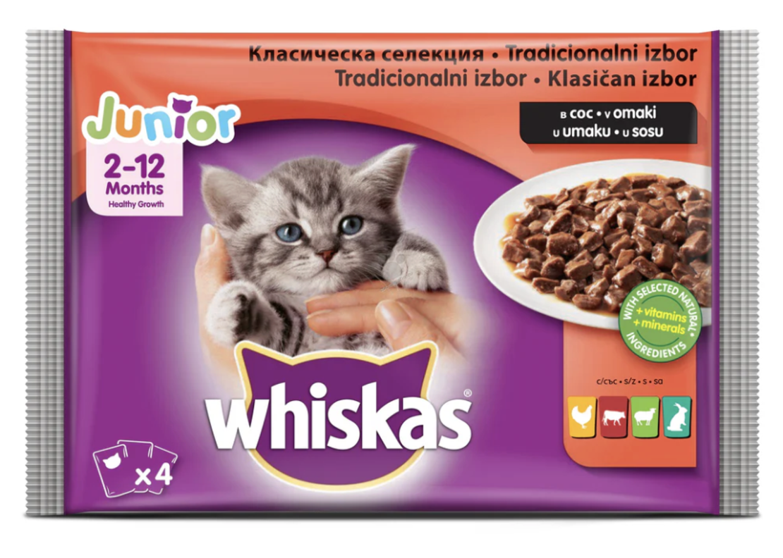 Whiskas Pouch Junior - месни ястия в сос грейви за малки котенца 4 броя / 85 грама