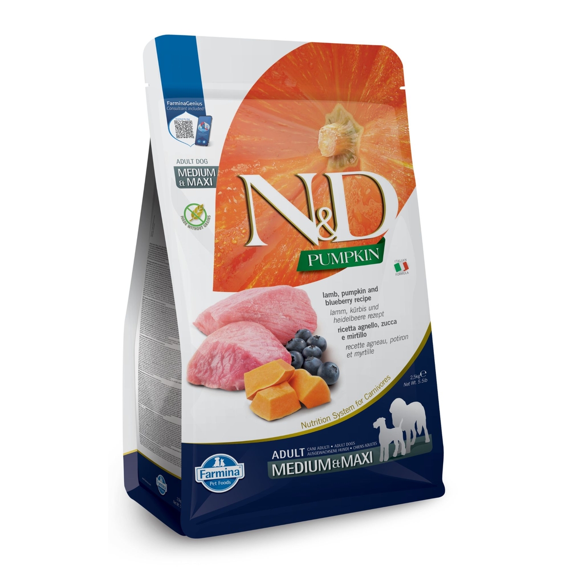 N&D Pumpkin Lamb & Blueberry Adult Medium & Maxi – суха храна без зърнени култури за кучета над 1 година от средни и едри породи, с агнешко, тиква и боровинки
