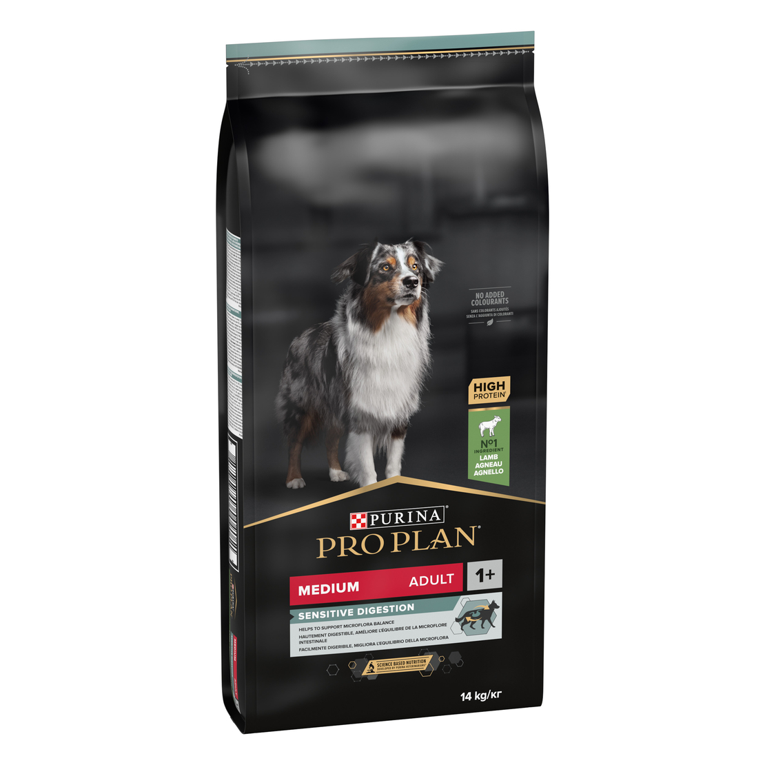 PURINA® PRO PLAN® Medium Adult Sensitive Digestion за кучета в зряла възраст от средни породи с чувствителен стомах, суха храна, с високо съдържание на агне, 14 кг