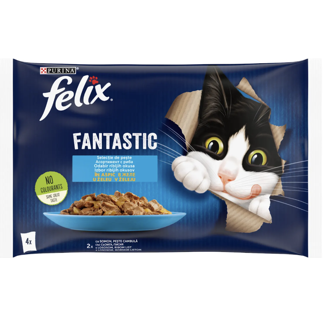 PURINA® FELIX® Fantastic за котки в зряла възраст, Асортимент с риба в желе, Сьомга и Писия, Пауч, Мултиопаковка 4х85 гр