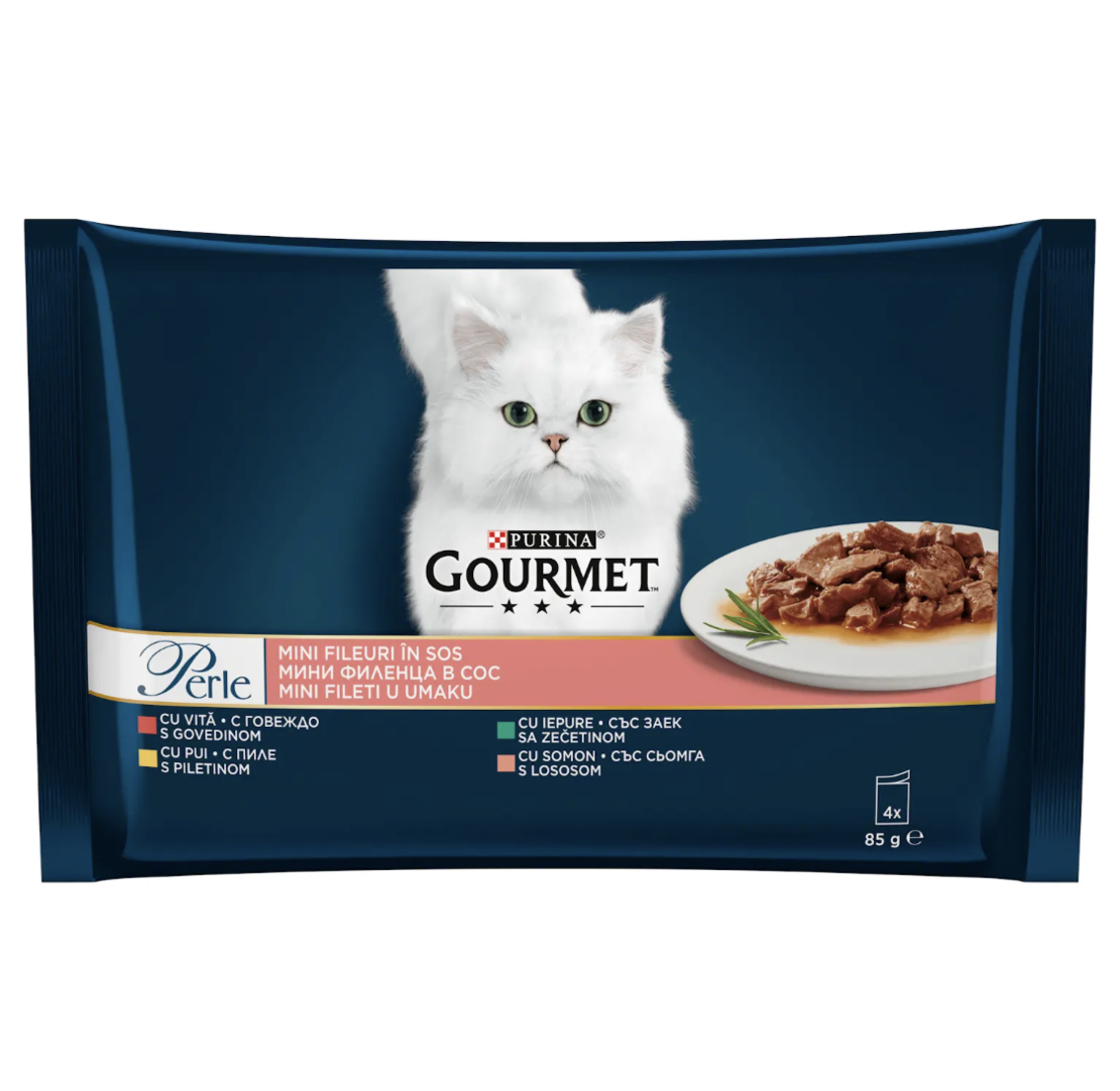 PURINA® GOURMET® Perle за котки в зряла възраст, Печено месо в сос, Асортимент с пиле, говеждо, заек и сьомга, Мокра храна, Картонена кутия, 4х85 гр