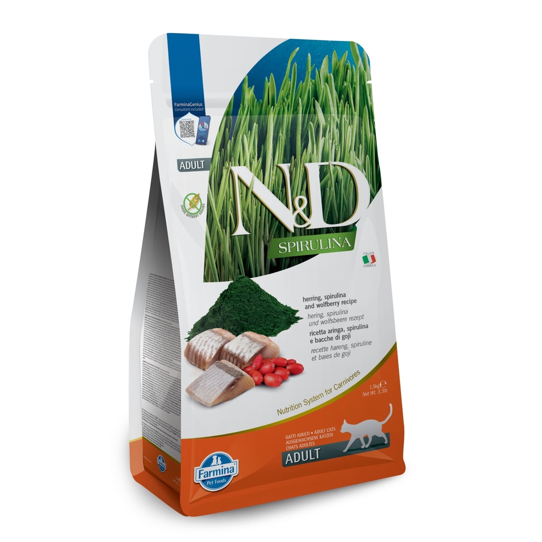 N&D Spirulina Herring & Wolfberry Adult Cat – суха храна без зърнени култури за котки над 1 година, с херинга, спирулина и годжи бери