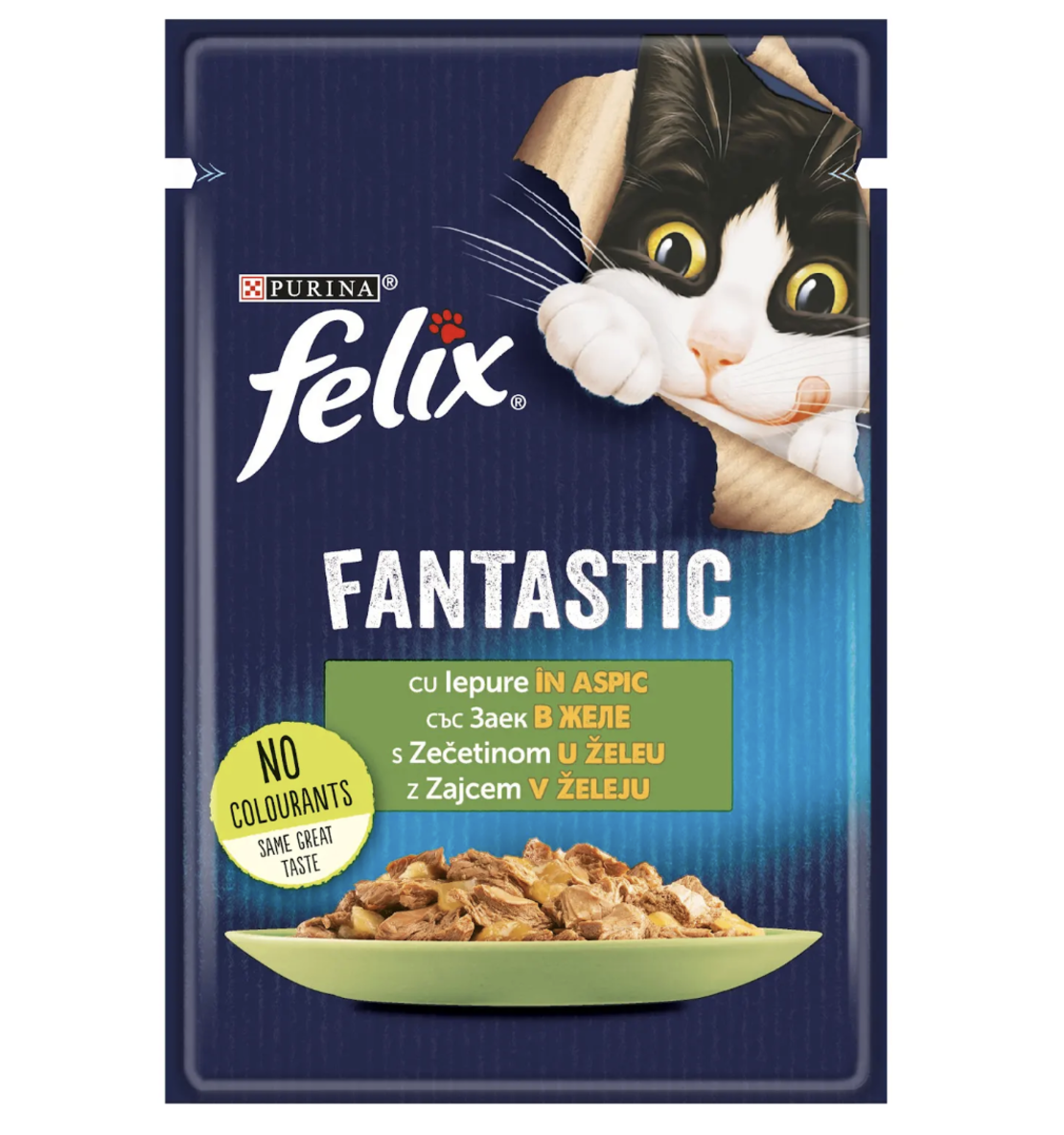 PURINA® FELIX® Fantastic за котки в зряла възраст, със Заек в желе, Мокра храна, Пауч, 85 гр