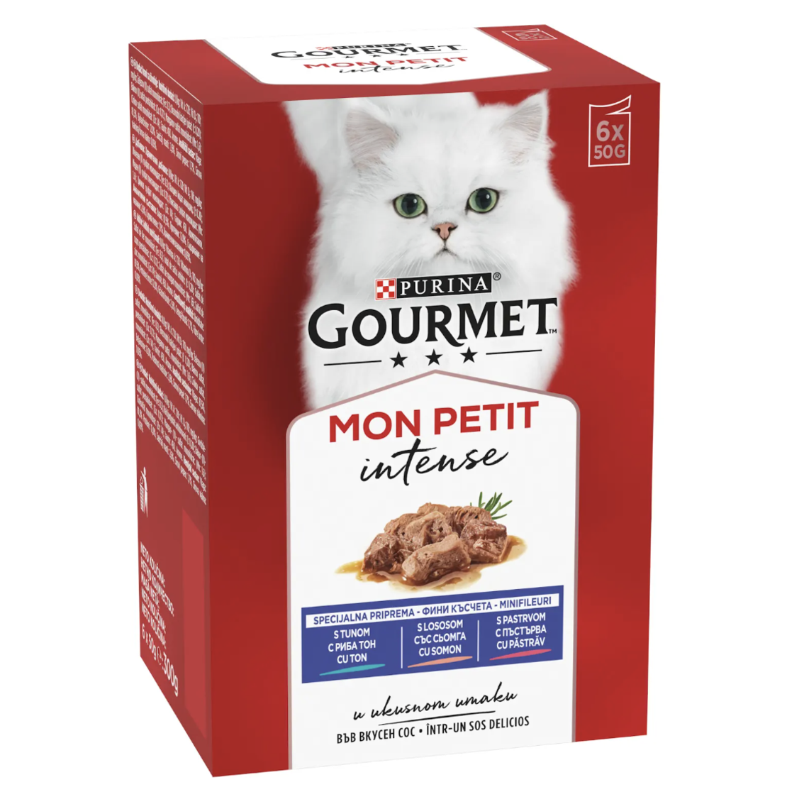 GOURMET MON PETIT Фини късчета в сос  - с пъстърва, сьомга и риба тон (6x50 гр)