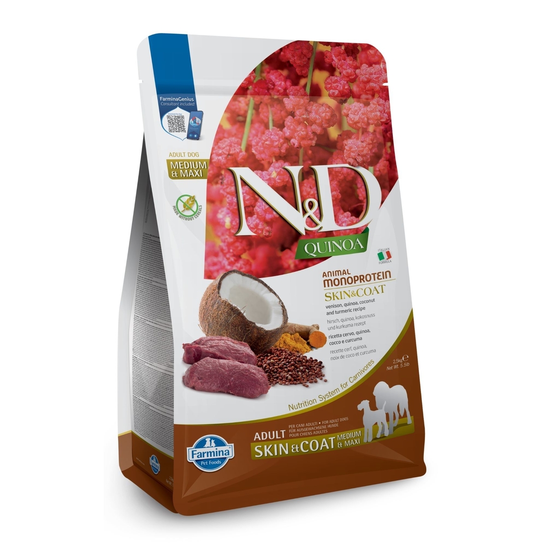 N&D Quinoa Skin & Coat with Venison for adult MEDIUM & MAXI dog – суха храна без зърнени култури за здрава кожа и козина, за кучета над 1 година от средни и едри породи, с еленско, киноа, кокос и куркума