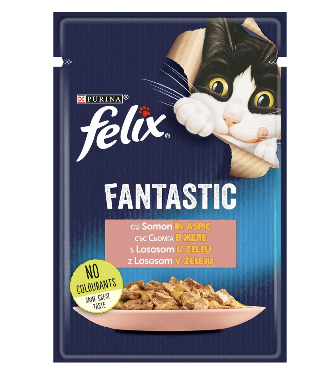 PURINA® FELIX® Fantastic за котки в зряла възраст, със Сьомга в желе, Мокра храна, Пауч, 85 гр