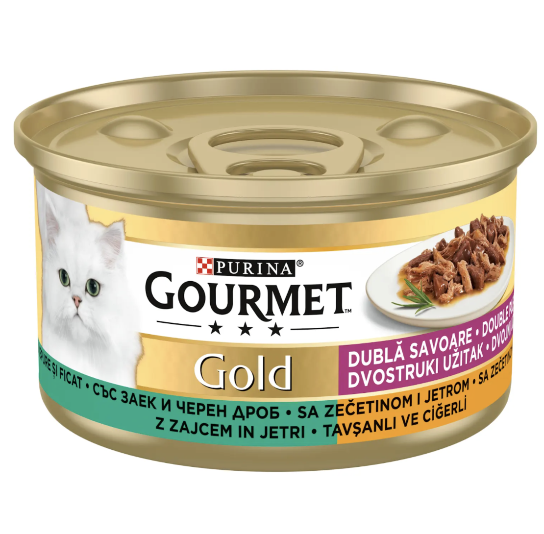 PURINA® GOURMET® Gold Котки в зряла възраст, Двойно удоволствие, Заек и Дроб, Мокра храна, Консерва, 85 гр