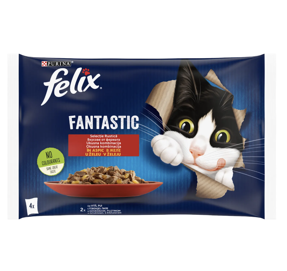 PURINA® FELIX® Fantastic за котки в зряла възраст, Вкусове от фермата в желе, Телешко и Пиле, Пауч, Мултиопаковка 4х85 гр