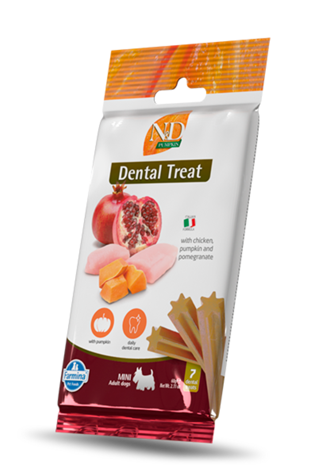 N&D Pumpkin Dental Care Treat Chicken and Pomegranate Mini – Дентални стикове за кучета от дребни породи с пиле, тиква и нар