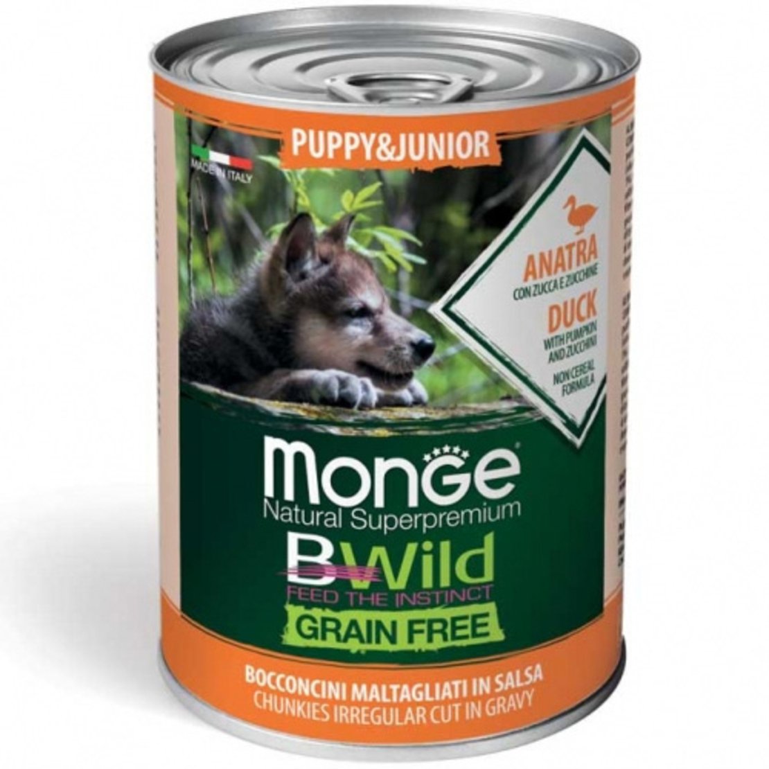 Monge BWILD Grain Free – Duck with Pumpkin and Zucchini – Puppy&Junior, патешко с тиква и тиквички