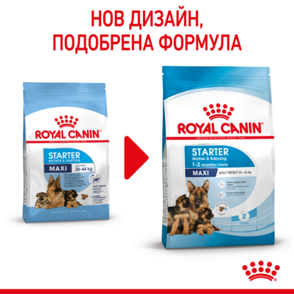 ROYAL CANIN® SHN MAXI STARTER MOTHER & BABYDOG за женски кучета от едри породи (от 26 до 44 кг) и нейните подрастващи : женско куче в края на бременността и по време на кърмене - кученца в период на отбиване на възраст до 2 месеца