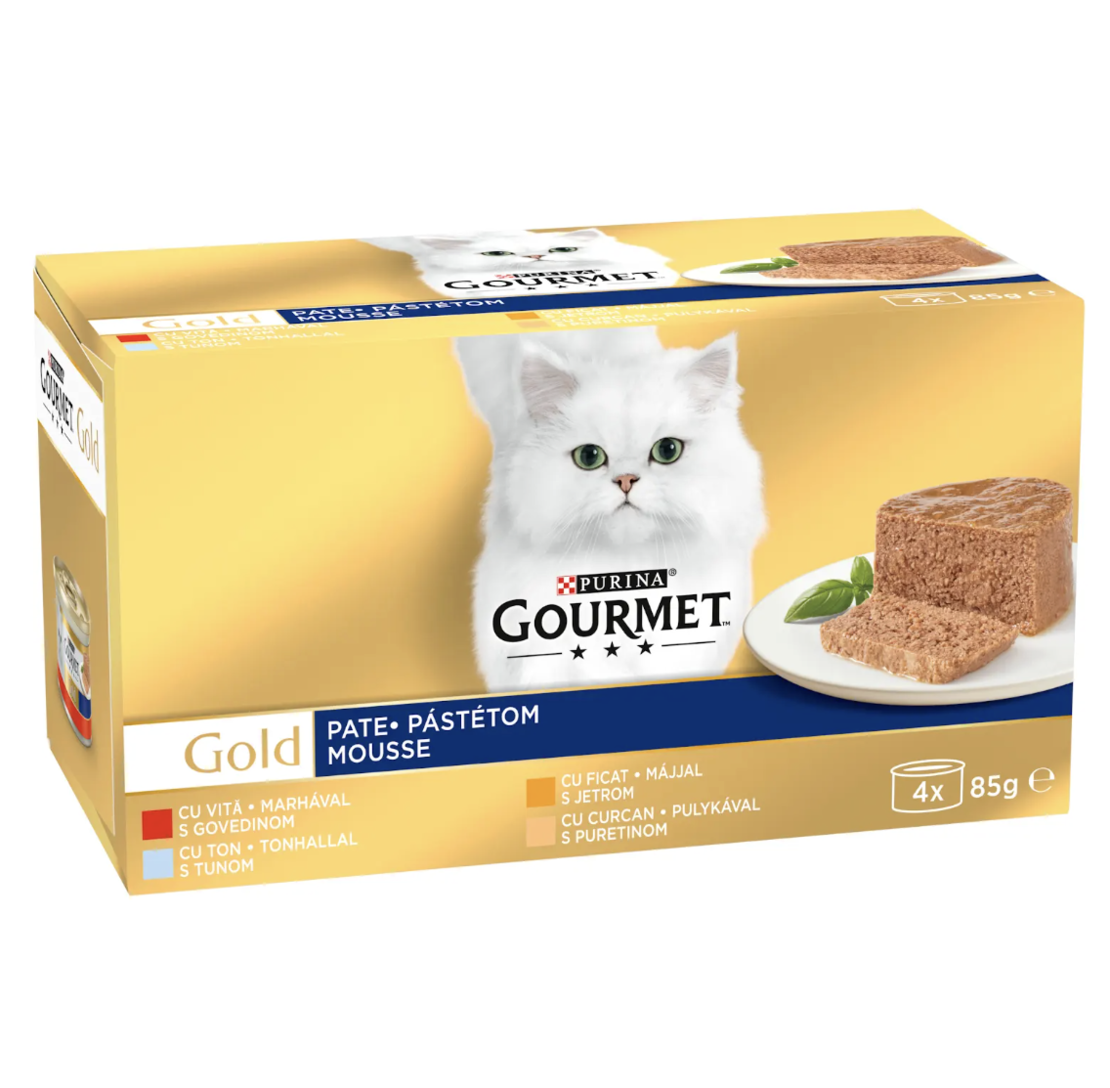 PURINA® GOURMET® Gold за котки в зряла възраст, Пастет, Асортимент, Мокра храна, Картонена кутия, 4х85 гр