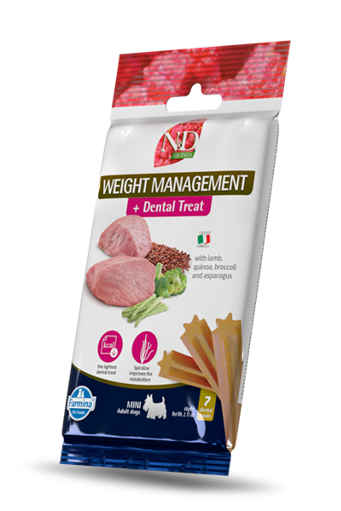N&D Quinoa Weight Management Dental Care Treat With Lamb, Broccoli and Asparagus Mini – Дентални стикове за кучета от дребни породи с агнешко, киноа, броколи и аспержи