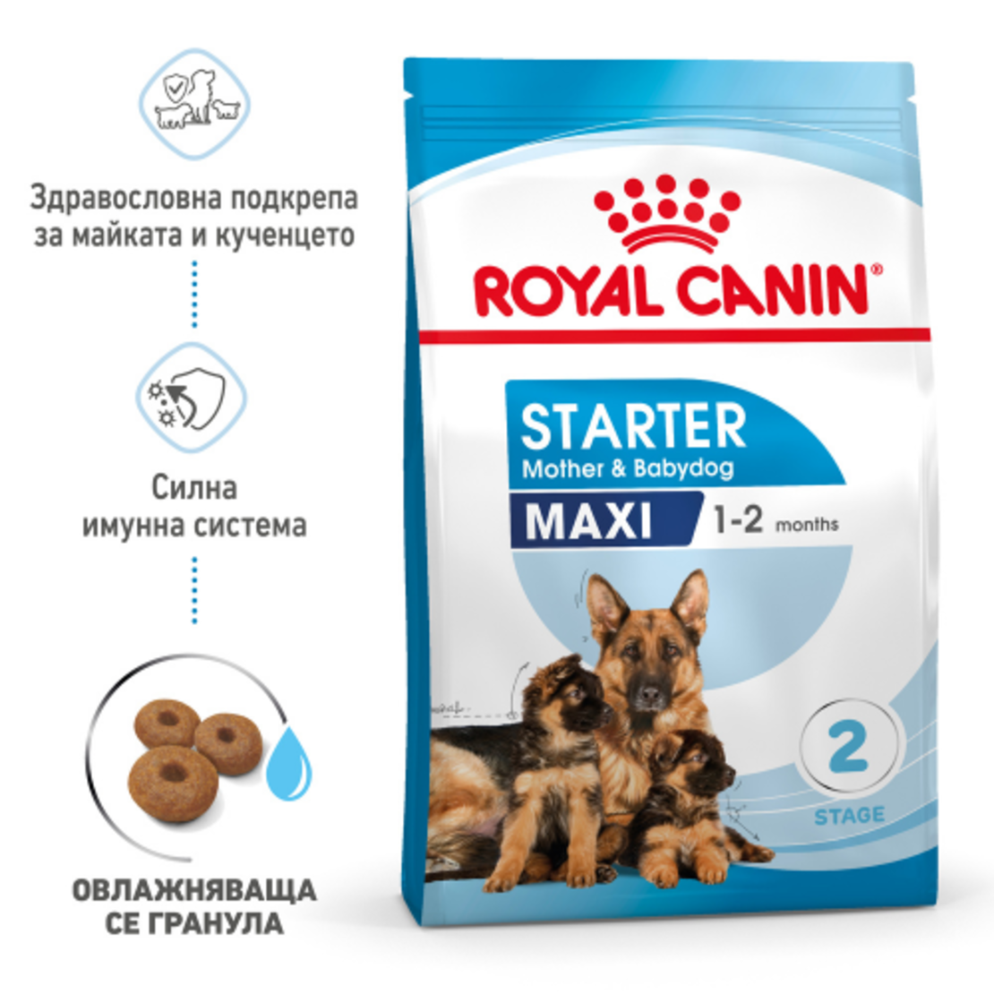 ROYAL CANIN® SHN MAXI STARTER MOTHER & BABYDOG за женски кучета от едри породи (от 26 до 44 кг) и нейните подрастващи : женско куче в края на бременността и по време на кърмене - кученца в период на отбиване на възраст до 2 месеца
