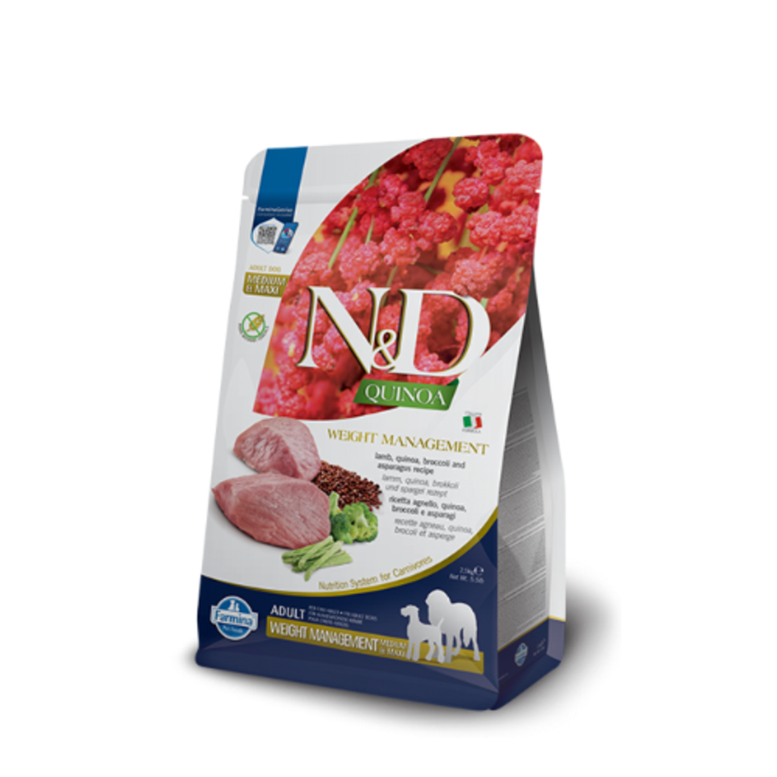 N&D Quinoa Weight Management with Lamb for adult MEDIUM & MAXI dog – суха храна за поддържане на идеално телесно тегло, без зърнени култури за кучета от средни и едри породи над 1 година, с агнешко, киноа, броколи и аспержи - 2.5 кг