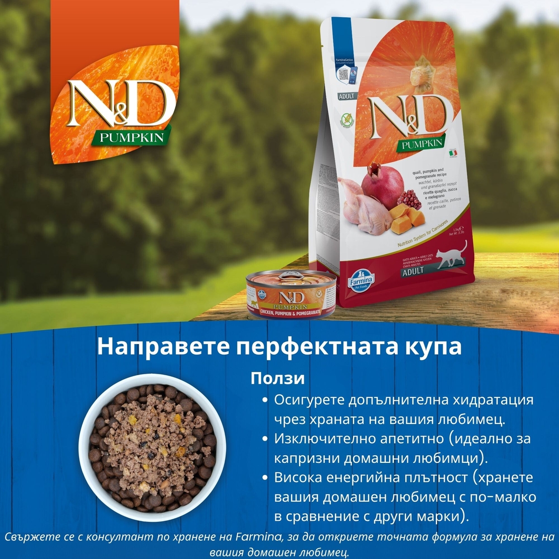 N&D Cat Pumpkin, Chicken & Pomeranatе – пълноценна мокра храна без зърнени култури за котки над 1 година с пилешко, тиква и нар, консерва
