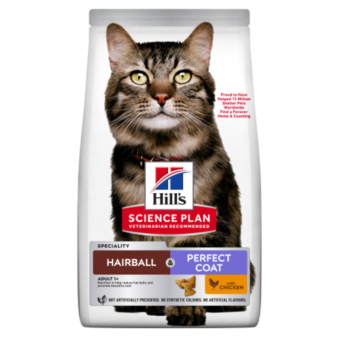Hill's Science Plan Feline Adult Hairball & Perfect Coat Chicken – пълноценна суха храна за котки от 1 до 6 години, за намаляване на космените топки и красива козина, с пилешко