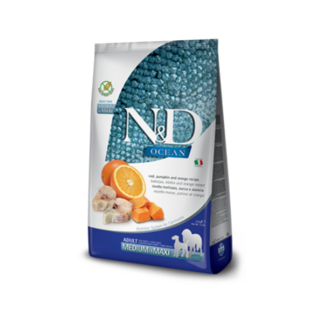 N&D Ocean Codfish, Pumpkin & Orange Adult Medium & Maxi – суха храна без зърнени култури за кучета над 1 година от седни и едри породи, с риба треска, тиква и портокал